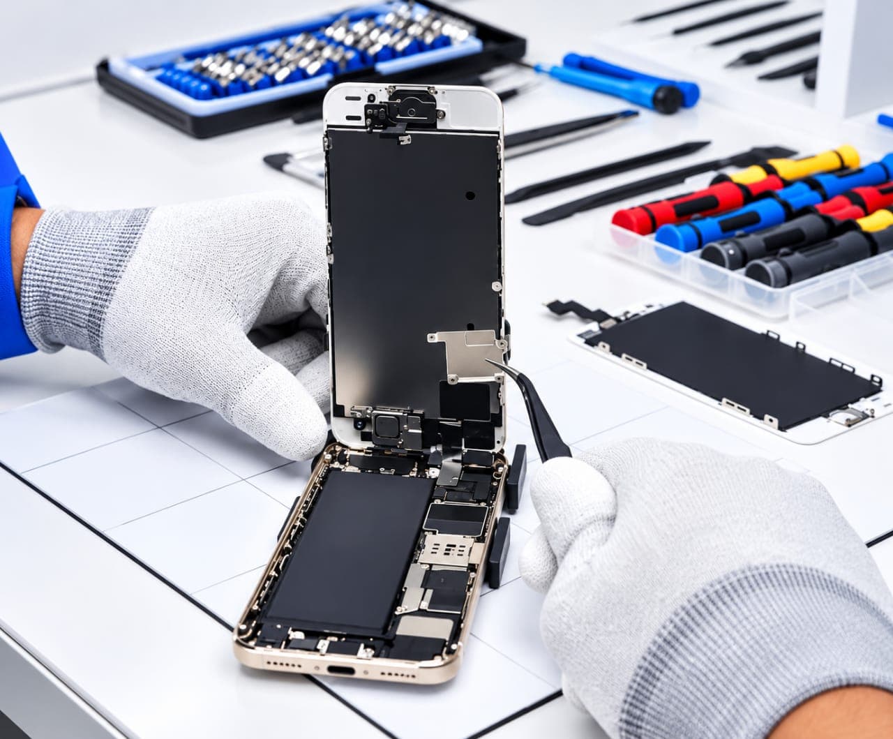 Gloved hands using tweezers to reconnect a display on an opened iPhone, with precision tools nearby